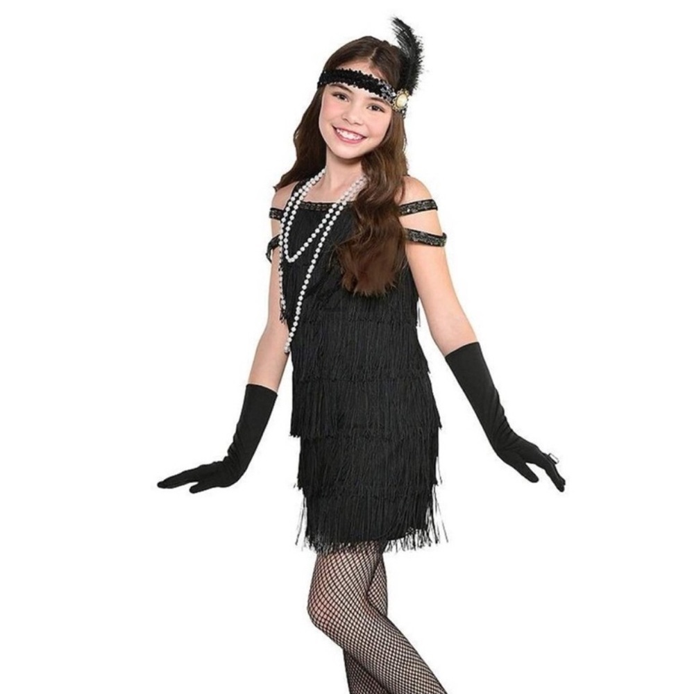 Kids Girls Roaring 20’s Flapper Fringe Halloween Costume Dress Black Sz M